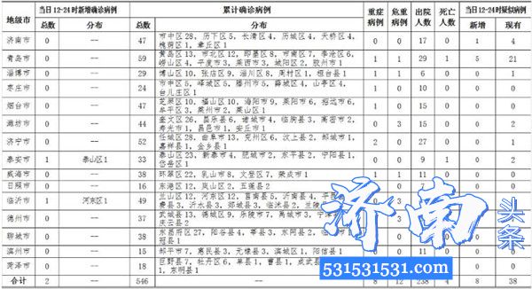 截至2月19日12-24时，山东省新增新型冠状病毒肺炎确诊病例2例，累计确诊病例546例