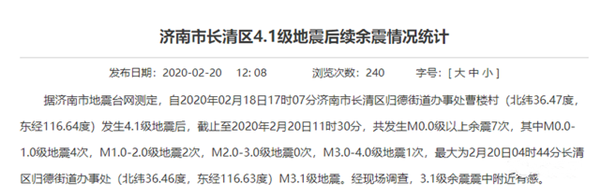 2020年02月20日11时17分在山东济南长清区（北纬36.49度，东经116.61度）发生M1.8级地震(余震)