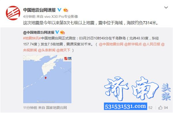 3月25日10时49分千岛群岛（北纬48.93度，东经157.74度）发生7.5级地震震源深度30千米