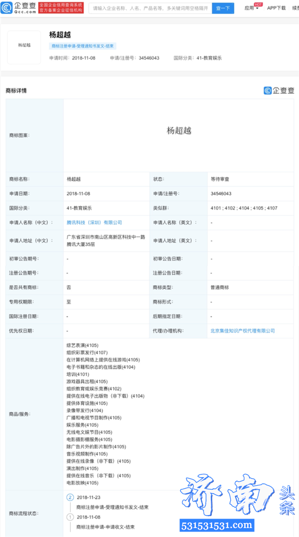 腾讯早已将“杨超越”注册为商标