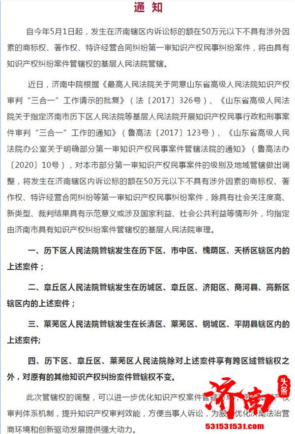 济南市辖区内诉讼标的额在50万以下的三类知识产权案件将由基层人民法院管辖
