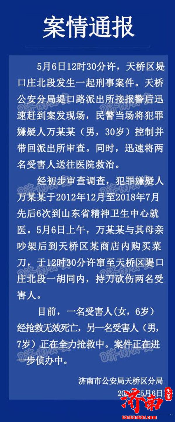 济南市天桥区堤口庄一男子持刀砍伤两名儿童