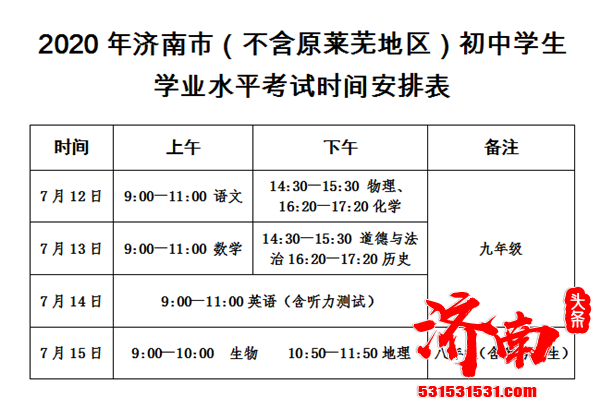 2020年济南市初中学生学业水平考试时间表及注意事项请收藏