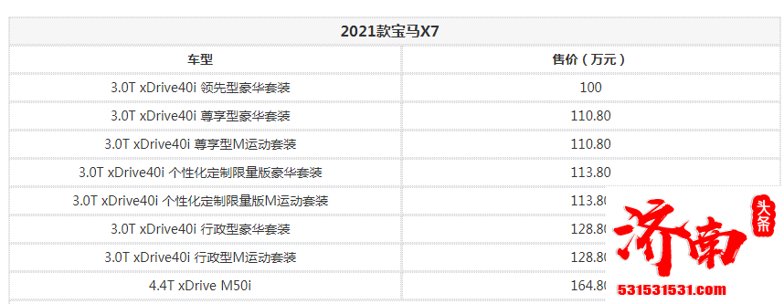 2021款宝马X7上市 共推8款车型 价格100万元起