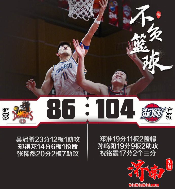 CBA联赛：广州104-86大胜江苏！吴冠希砍23分+12篮板