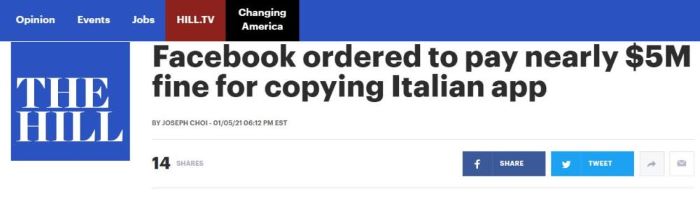 脸书被判抄袭意大利公司应用程序 要支付470万美元罚款