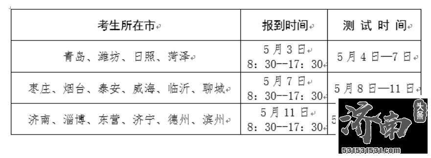 山东省体育专业考试时间定为5月3日—15日，以市为单位分3批进行