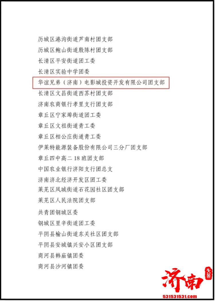 华谊兄弟(济南)电影城投资开发有限公司团支部成功入选济南市五四红旗团组织