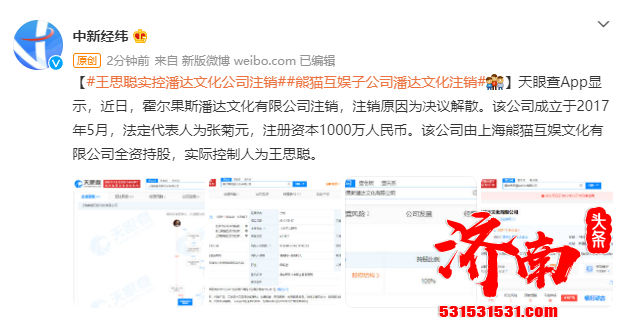 王思聪实控的霍尔果斯潘达文化有限公司决议解散并注销 