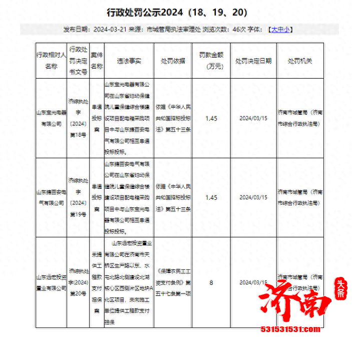 山东远宏投资、山东宝光电器、山东捷百安电气被罚