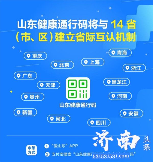 山东省加快开展电子健康通行码省际互认可通过“爱山东”APP、支付宝“山东电子健康通行码”进行申请