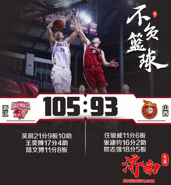 CBA联赛：浙江以105-93赢山西 吴前贡献21分+9篮板+10助攻!