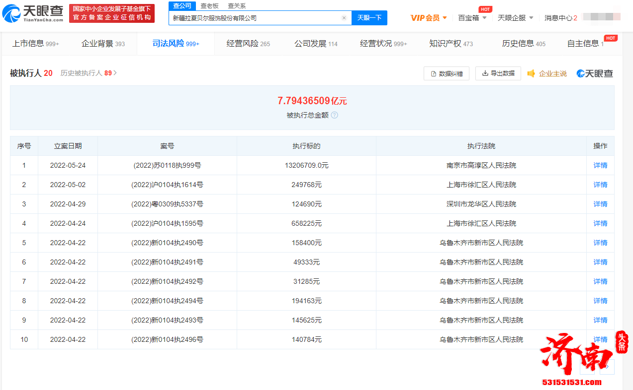 拉夏贝尔再被强制执行1320万！累计被执行7.79亿